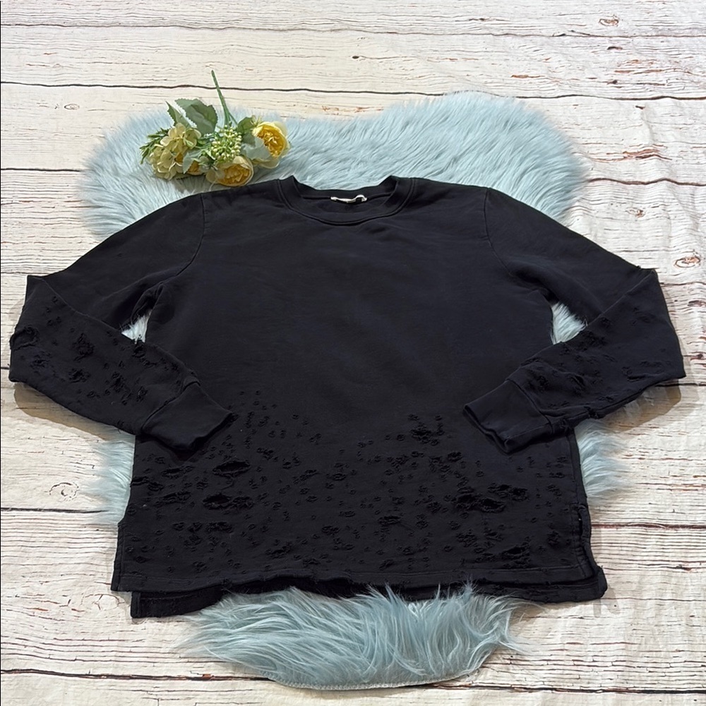 Cotton Citizen Distressed Pullover Sweatshirt Black sz S